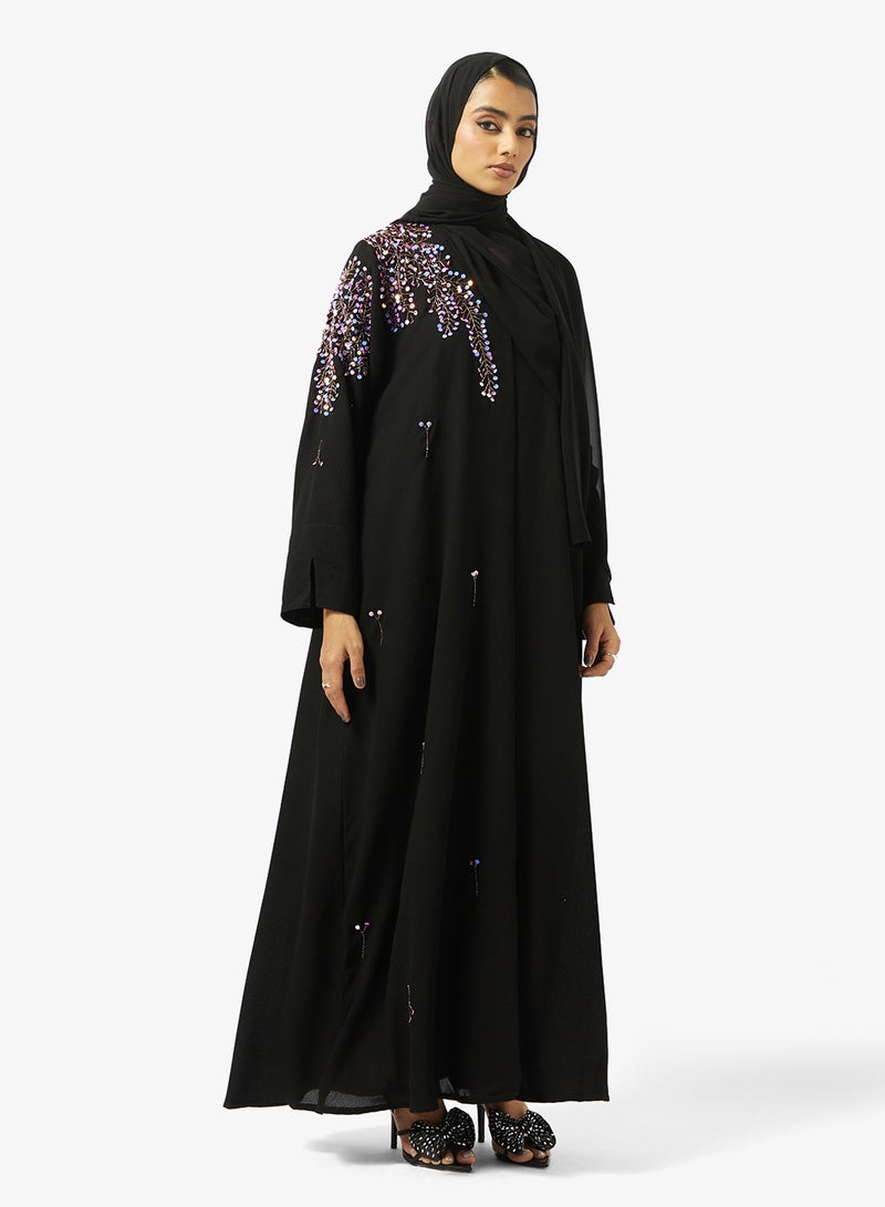 هيا كلوزيت عباية مفتوحة مطرزة بزخارف وزهور بياقة مستديرة - Image 1